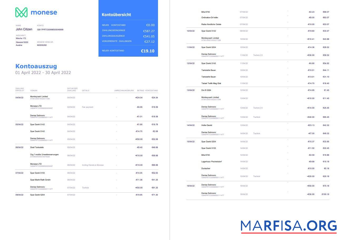 Printable Germany Monese bank statement on Deutsch, 3 pages sample